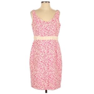 Maggy London 8 pink & tan rose brocade retro V neck sleeveless‎ dress
